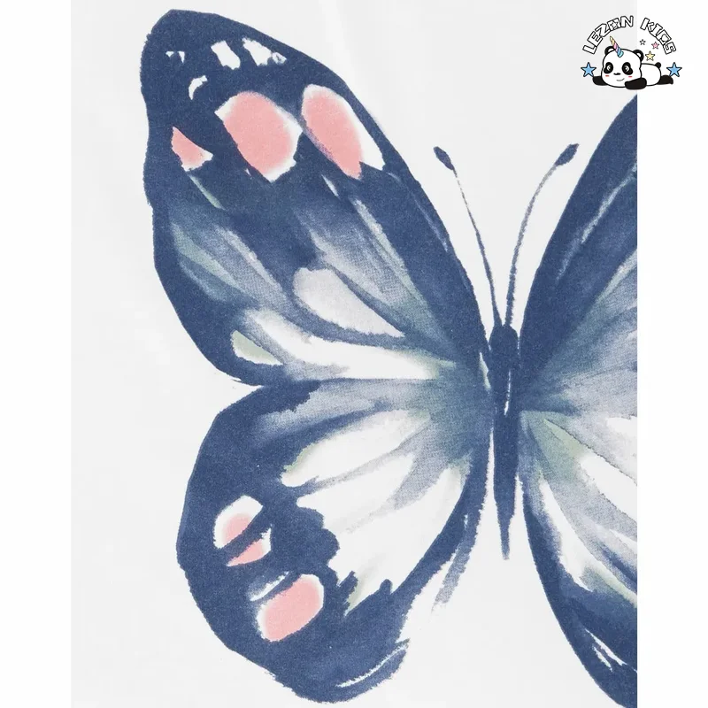 LEZONKIDS - Customizable Wholesale OEM Soft Butterfly  Printed T Shirt Denim Short Pants Girls Summer Daily Set